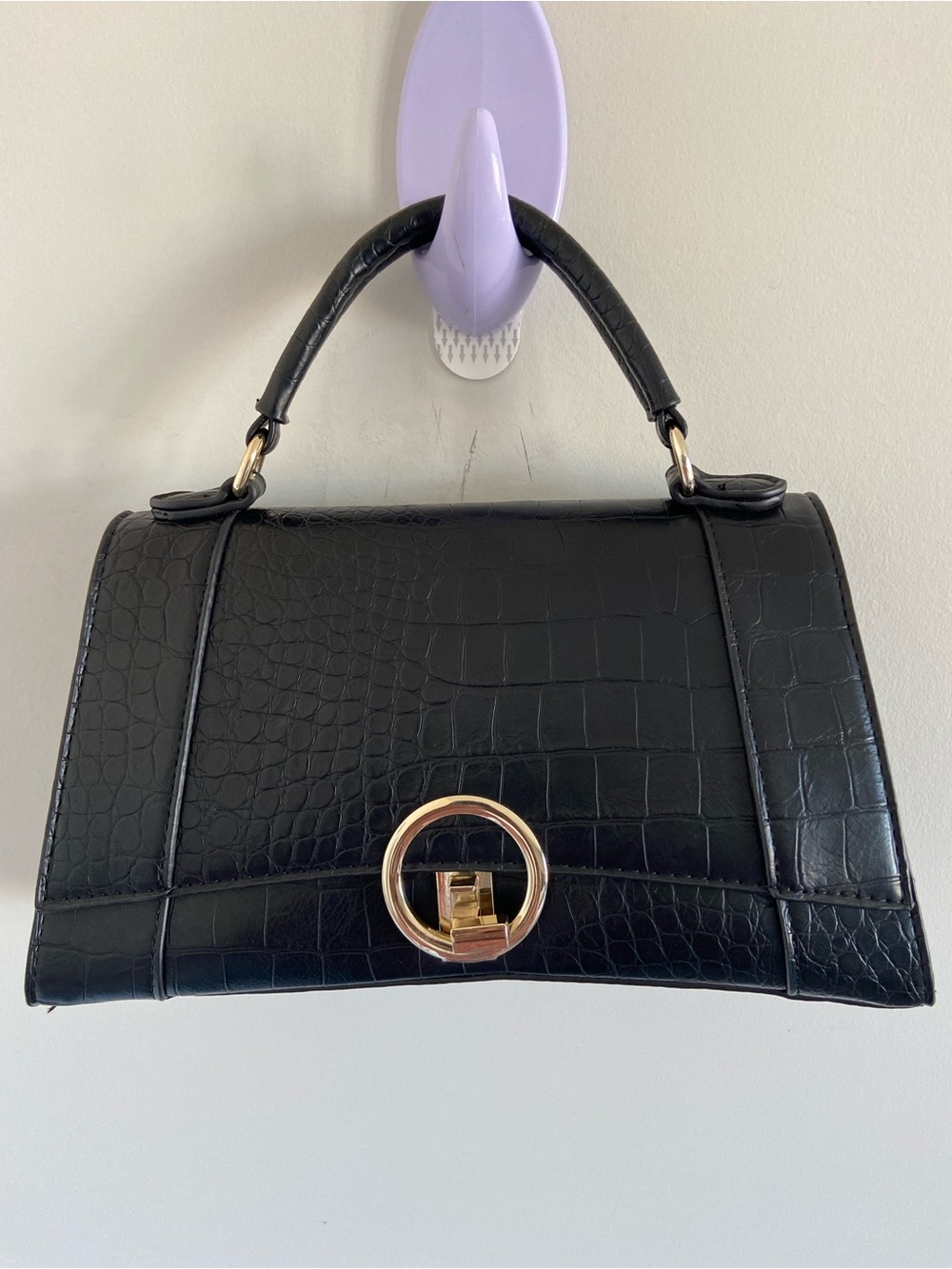 Call It Spring Black Croc-Embossed Satchel with Gold Ring Clasp